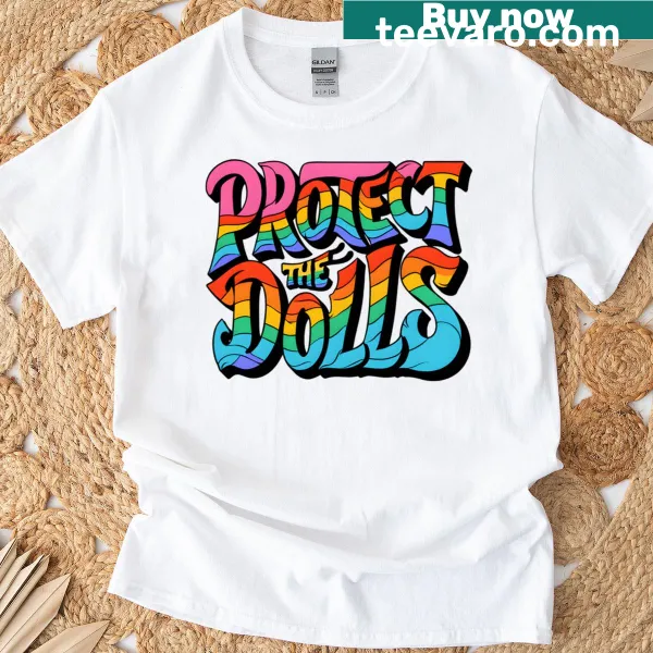 Retro T-shirt with the message of protection for dolls and LGBTQ+ pride.