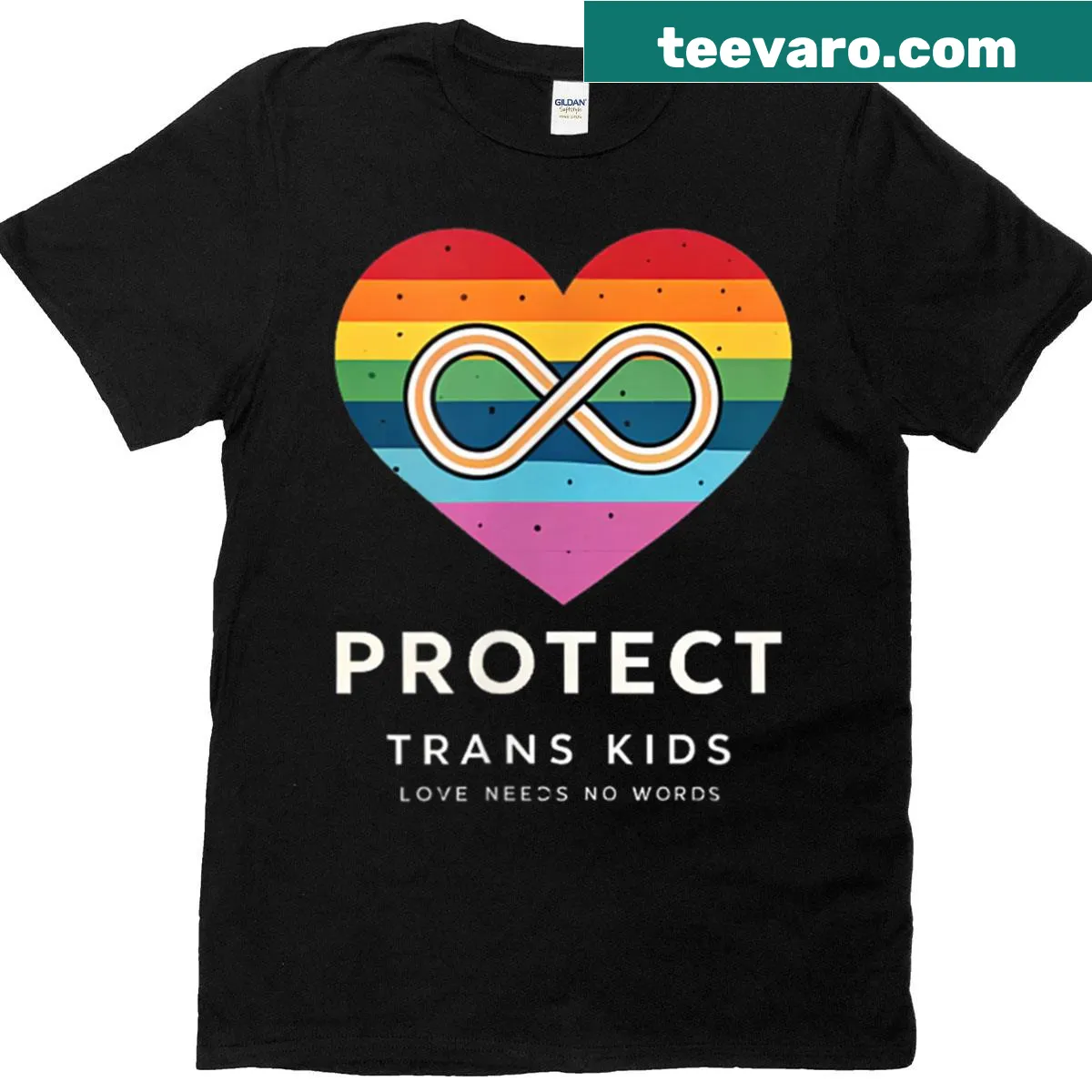 Illustrated infinity heart t-shirt supporting trans kids and queer youth — on a men's t-shirt