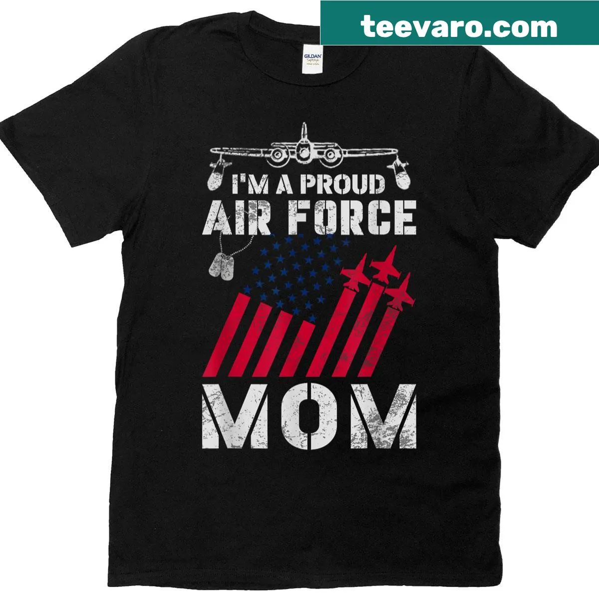 Proud Air Force Mom t-shirt with bold typography design — on a men's t-shirt
