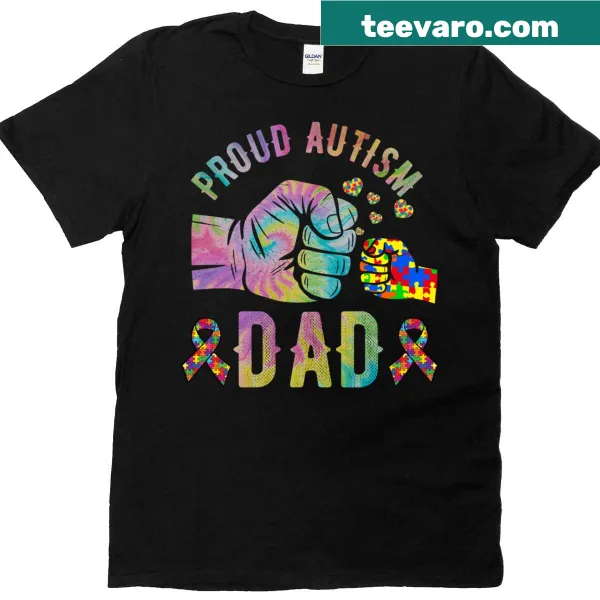 Proud Autism Dad t-shirt with tie-dye pattern and bold text