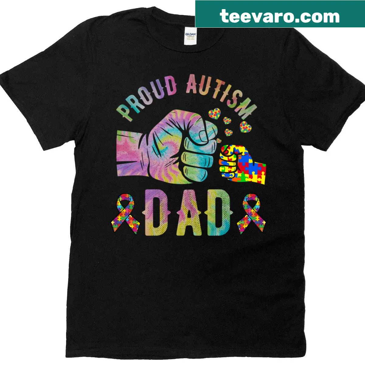 Proud Autism Dad t-shirt with tie-dye pattern and bold text — on a men's t-shirt