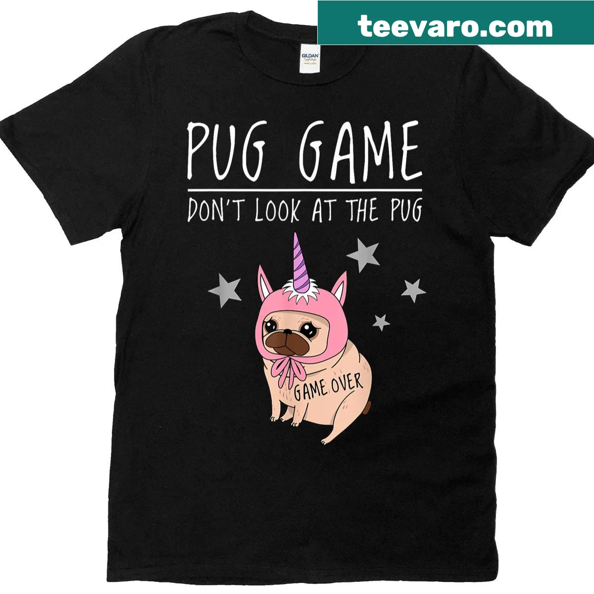 Funny pug t-shirt with the phrase 'Don't Look At The Pug' — on a men's t-shirt