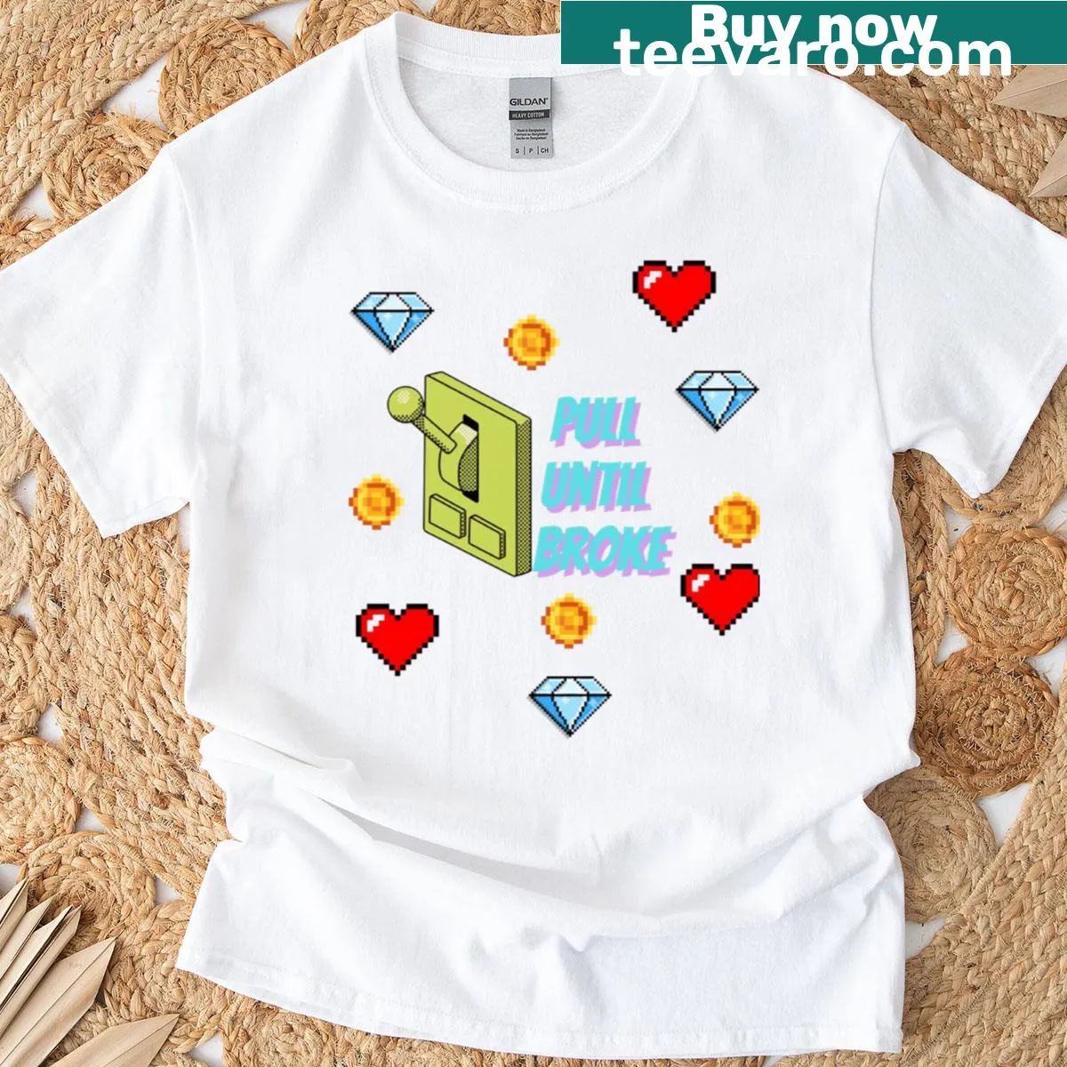 Gamer t-shirt with pixel art and 'Pull Until Broke' text — on a men's t-shirt