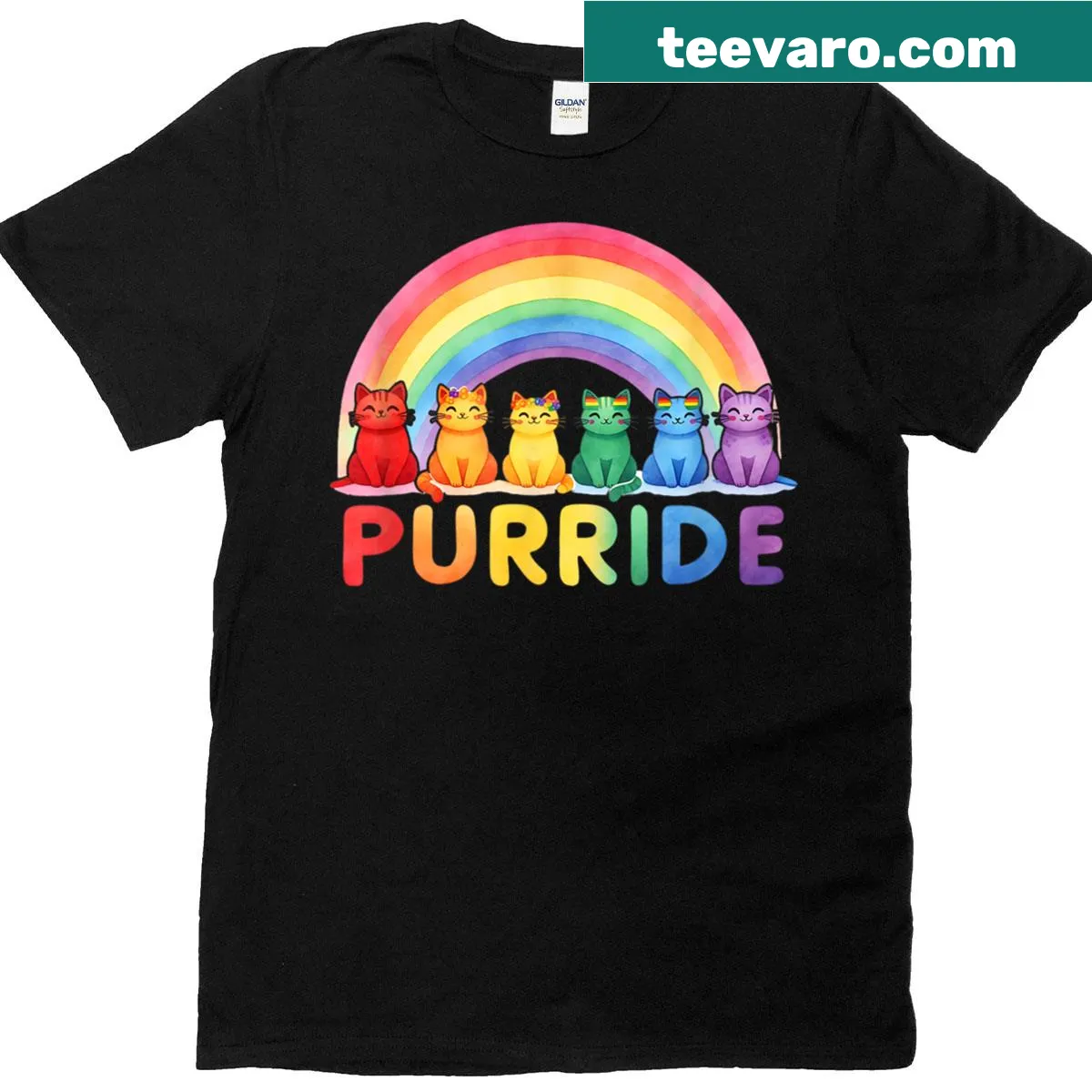 LGBTQ pride T-shirt featuring cats and a rainbow design. — on a men's t-shirt
