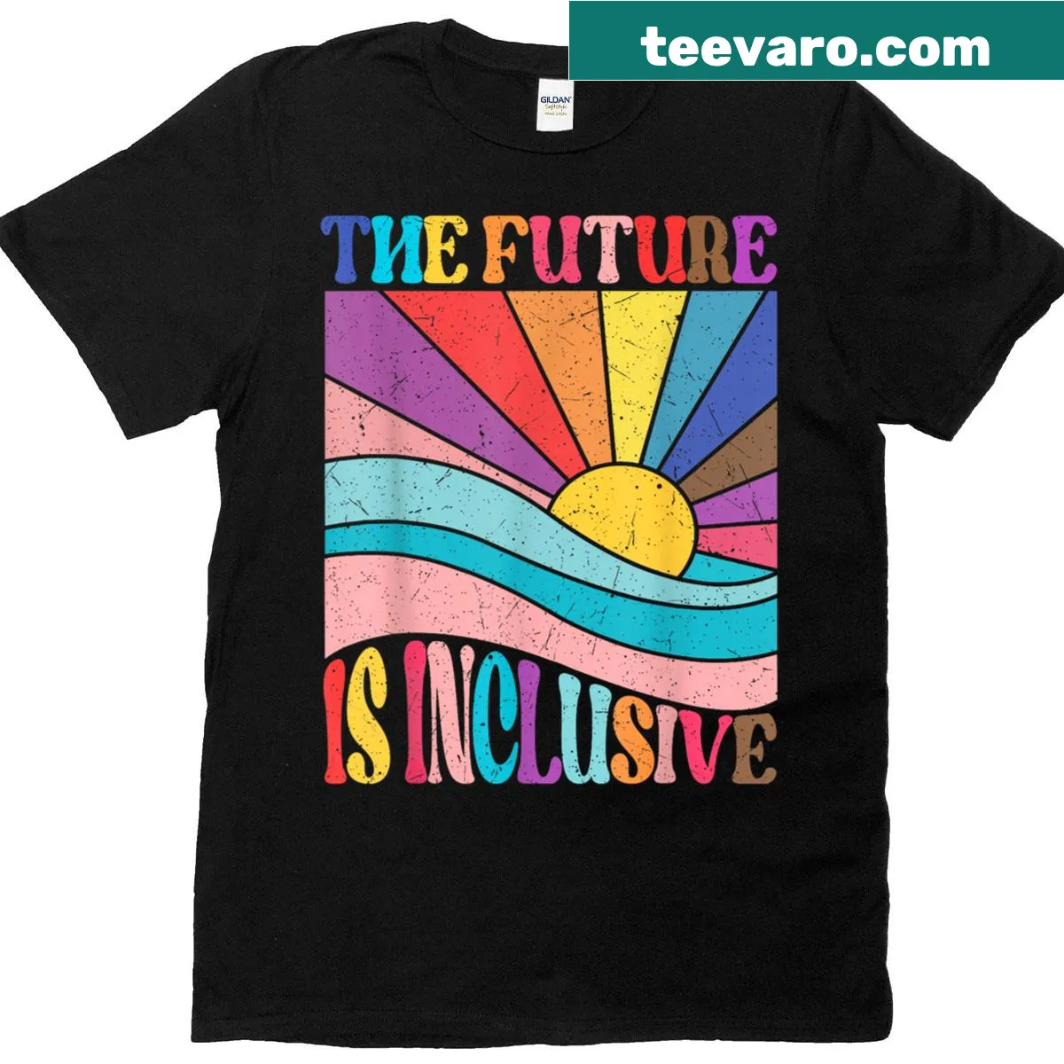 Social justice T-shirt with the message 'The Future Is Inclusive' in rainbow colors. — on a men's t-shirt