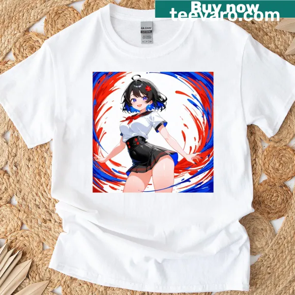 Adorable anime girl in red, white, and blue graphic T-shirt