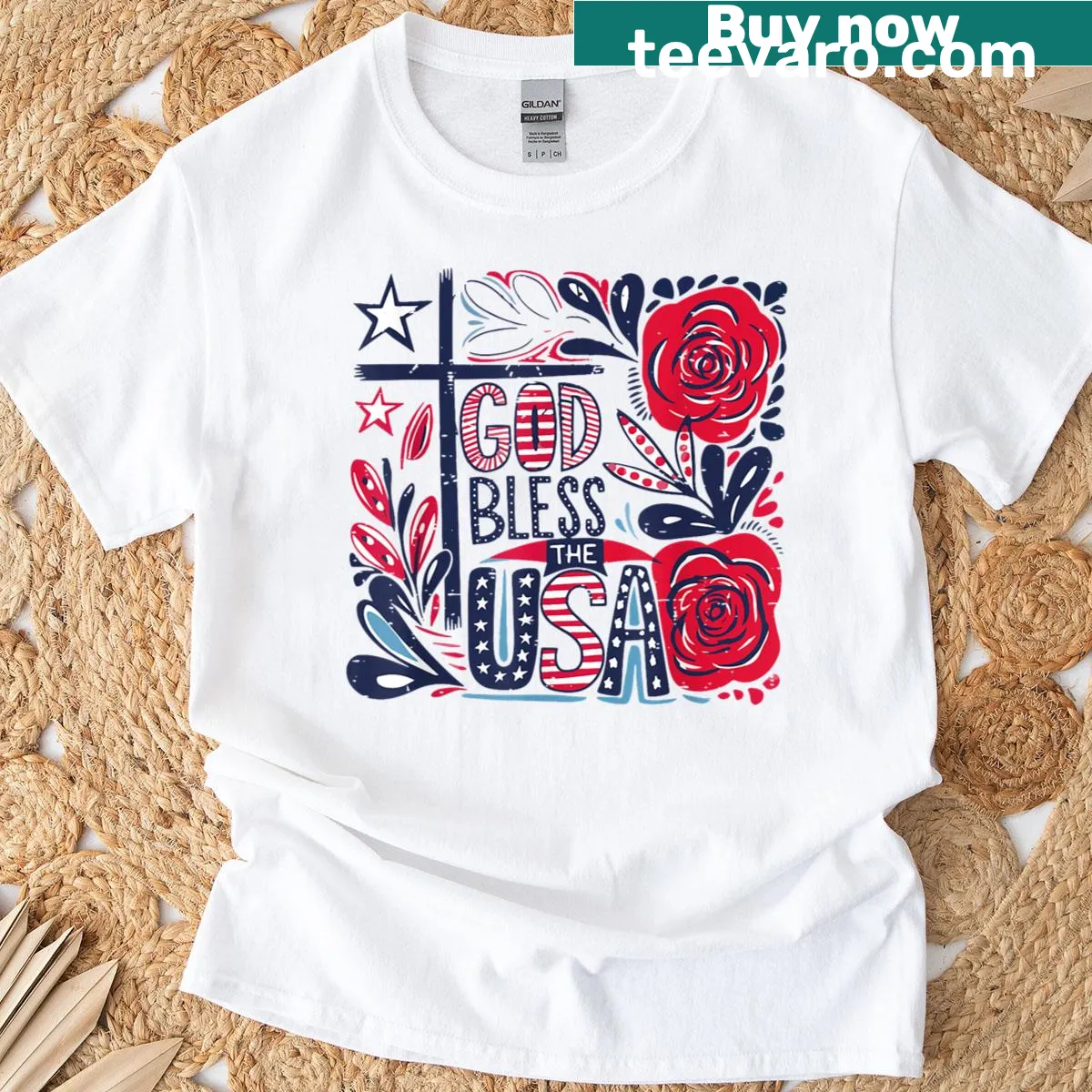 Boho floral T-shirt with 'God Bless The USA' message. — on a men's t-shirt