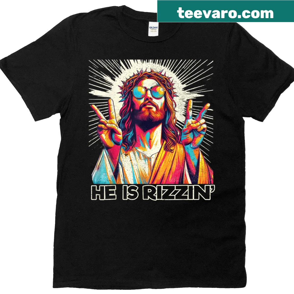 Funny Easter T-shirt with 'He Is Rizzin' text in retro style — on a men's t-shirt