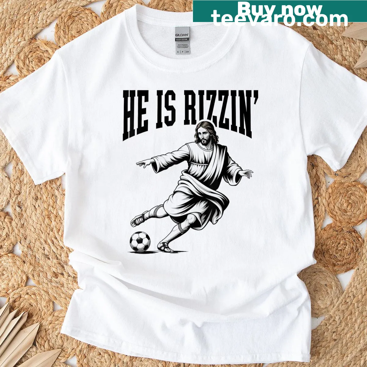 Illustrated t-shirt of Jesus playing soccer with humorous text — on a men's t-shirt