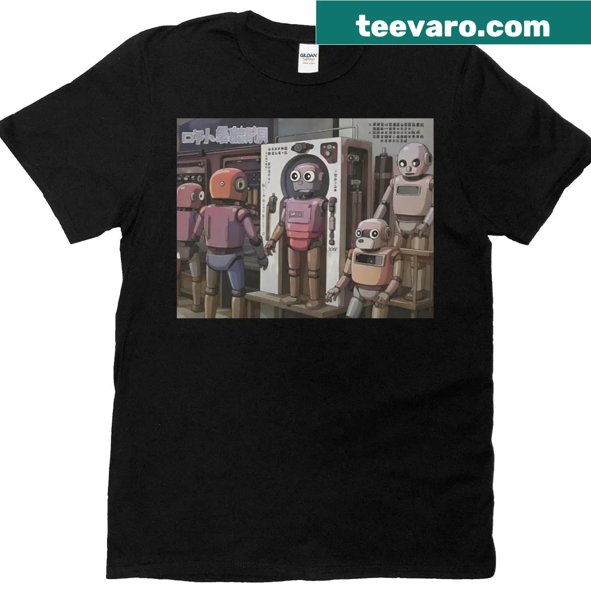 T-shirt featuring a futuristic illustration of a robot giving birth — on a men's t-shirt