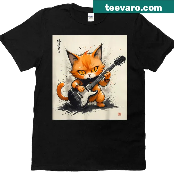 Retro T-shirt featuring a cat playing guitar in a fun design
