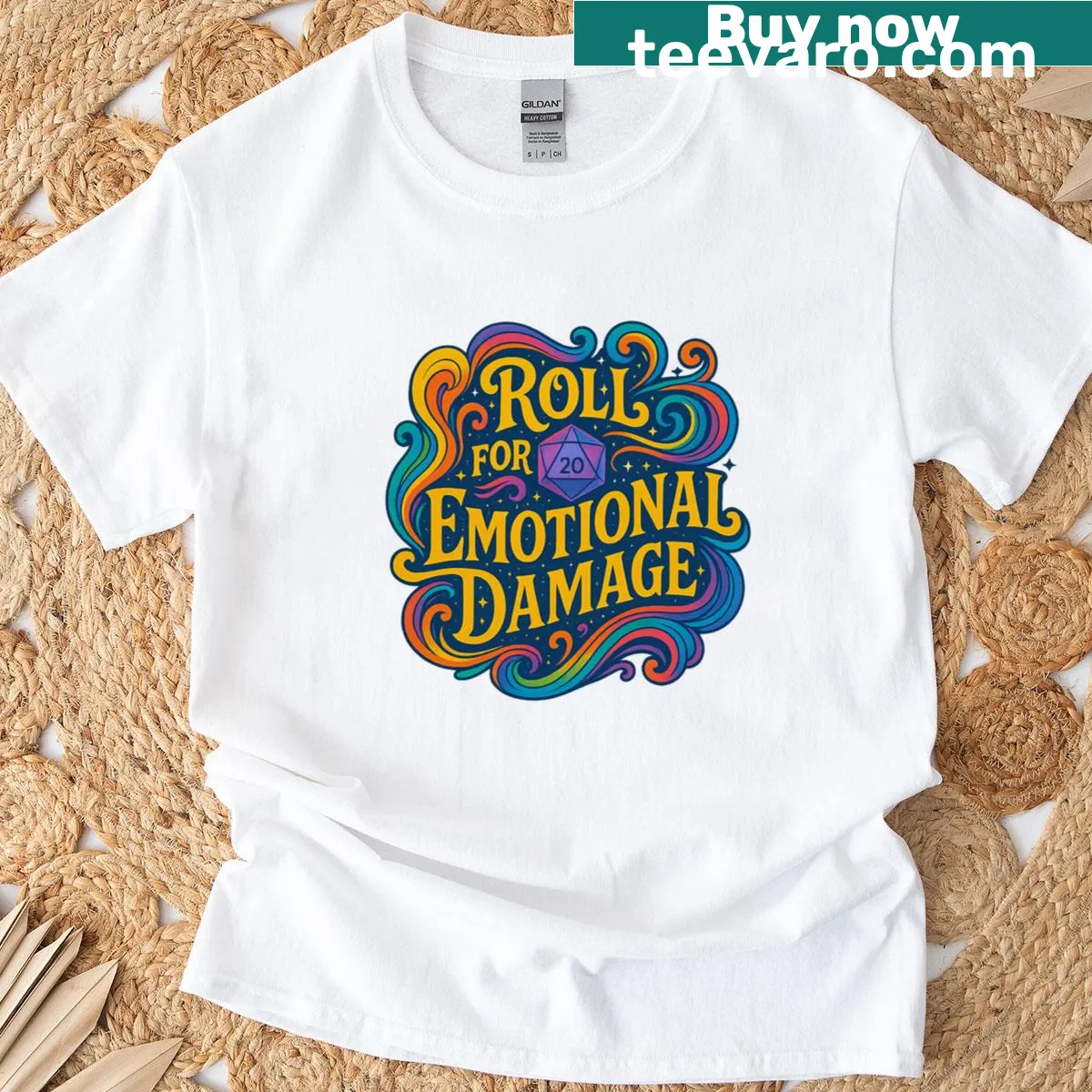 Humorous D20 die design with emotional damage theme on a T-shirt — on a men's t-shirt