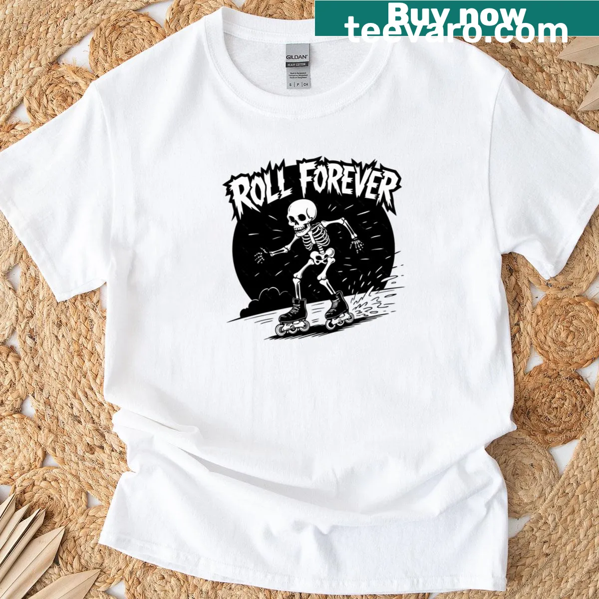 Skeleton roller skating graphic t-shirt — on a men's t-shirt
