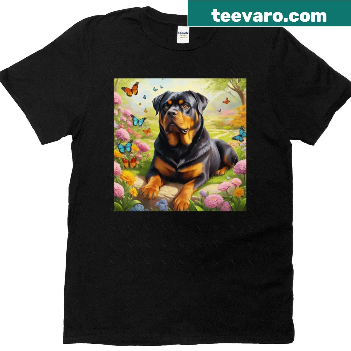 Illustration of a Rottweiler in a spring garden with butterflies — on a men's t-shirt