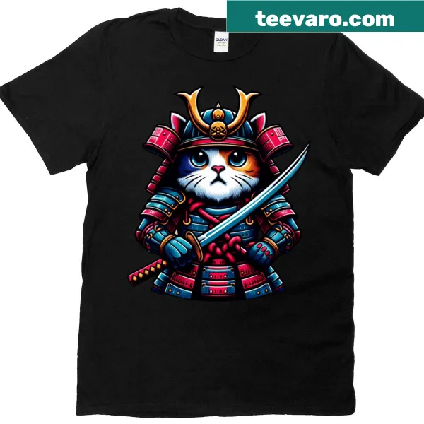Illustrative t-shirt featuring a wise cat samurai under a starry sky