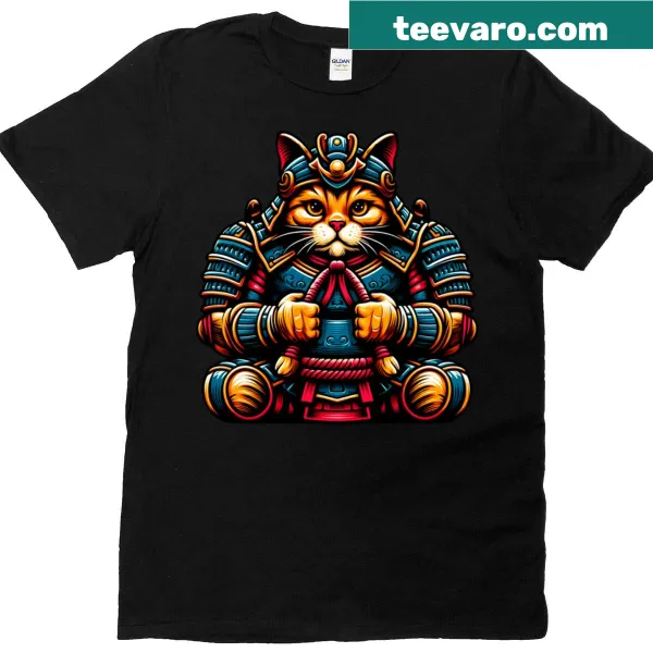 Illustrated Samurai Cat on a T-shirt representing ancient guardianship