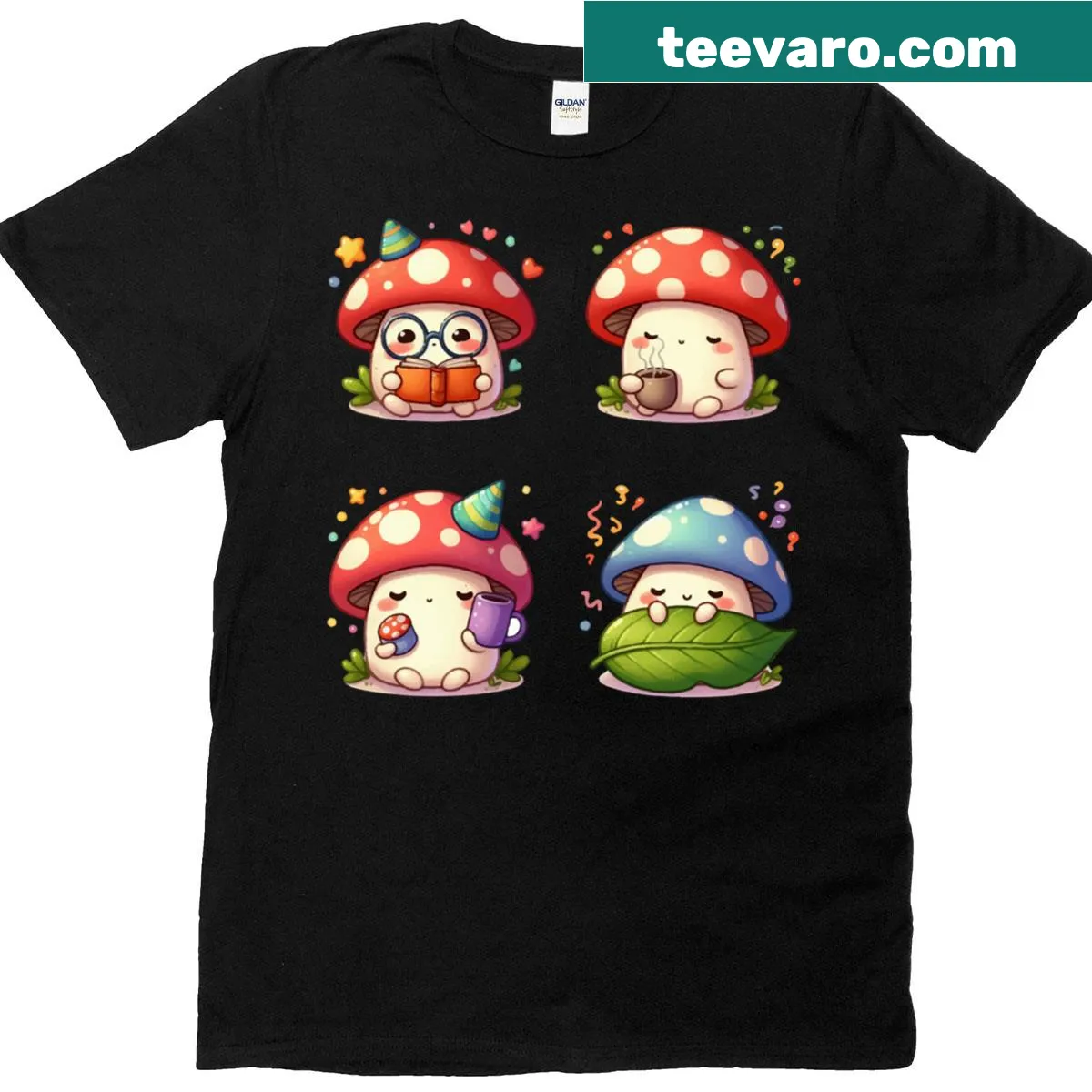 Cartoon T-shirt featuring a set of funny and charming mushrooms — on a men's t-shirt