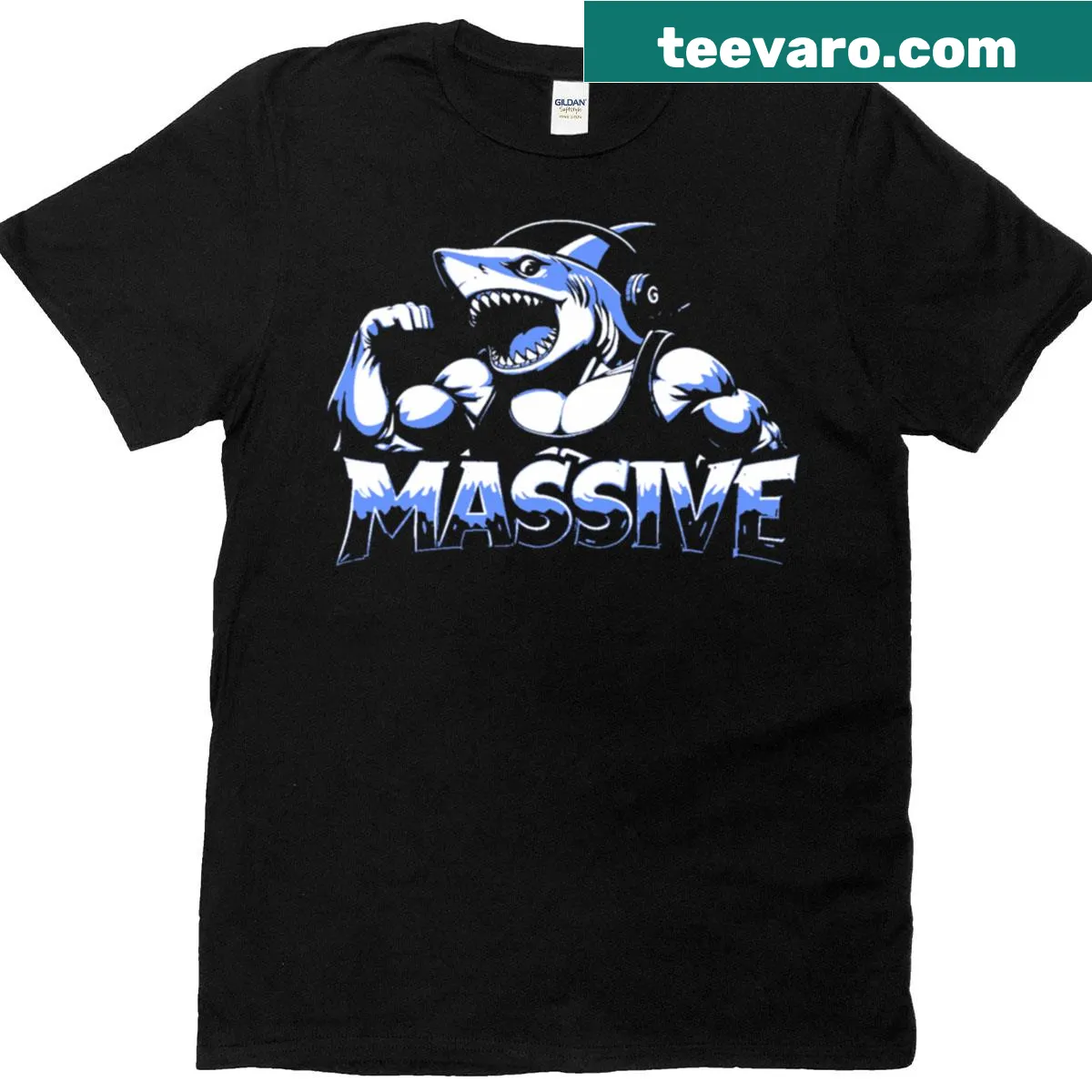 Cartoon shark pumping in a humorous design on a blue t-shirt — on a men's t-shirt