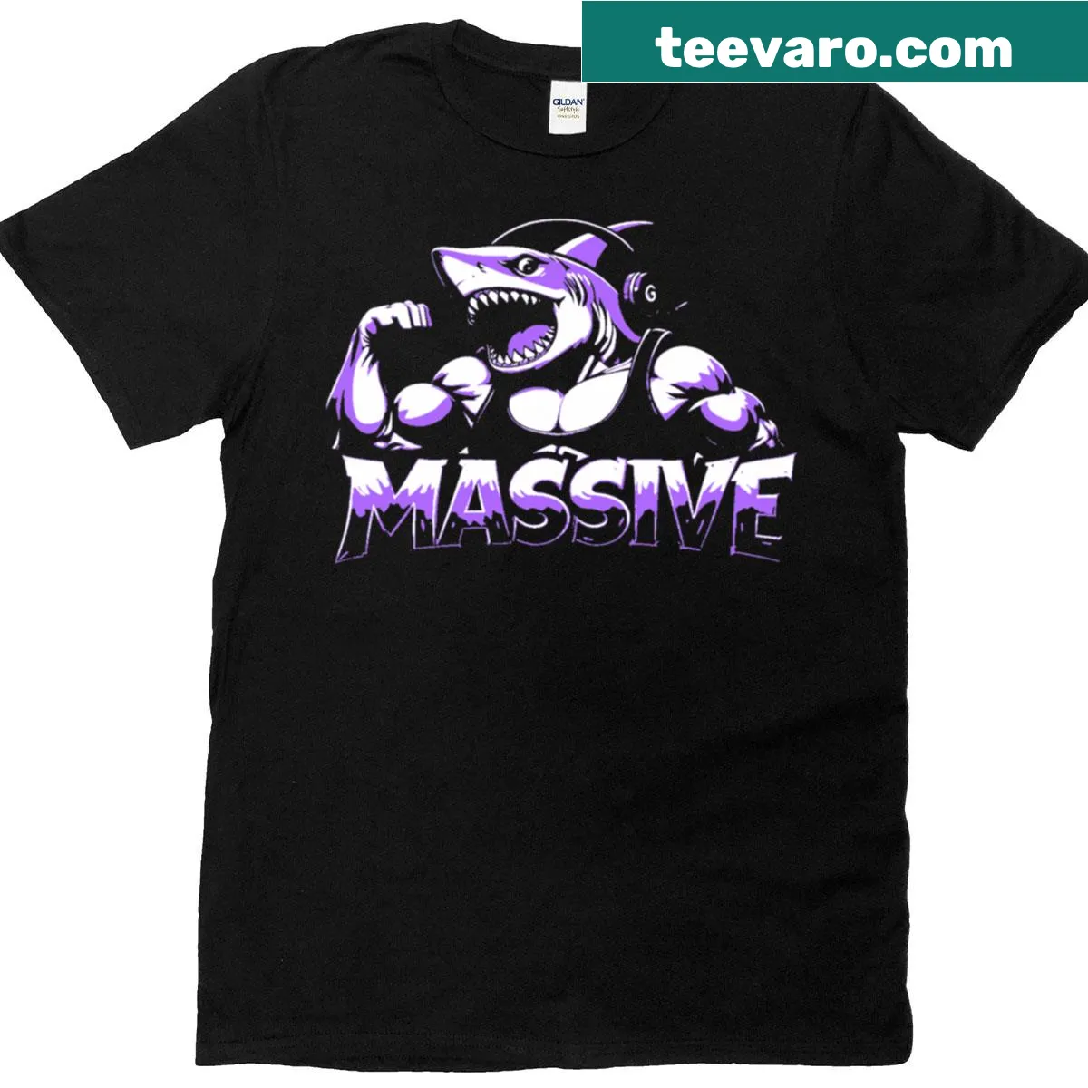 Cartoon shark pumping in a humorous design on a purple t-shirt — on a men's t-shirt