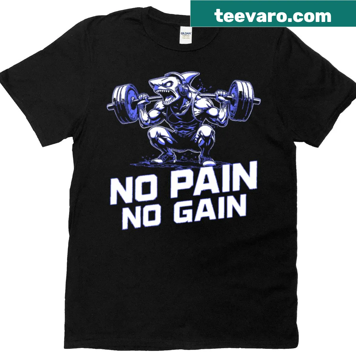 Cartoon shark squatting in a humorous design on a dark blue t-shirt — on a men's t-shirt