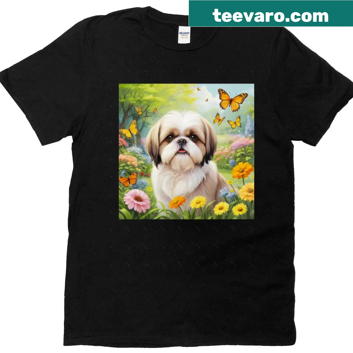 Oversized T-shirt featuring a Shih Tzu dog in a spring garden illustration — on a men's t-shirt