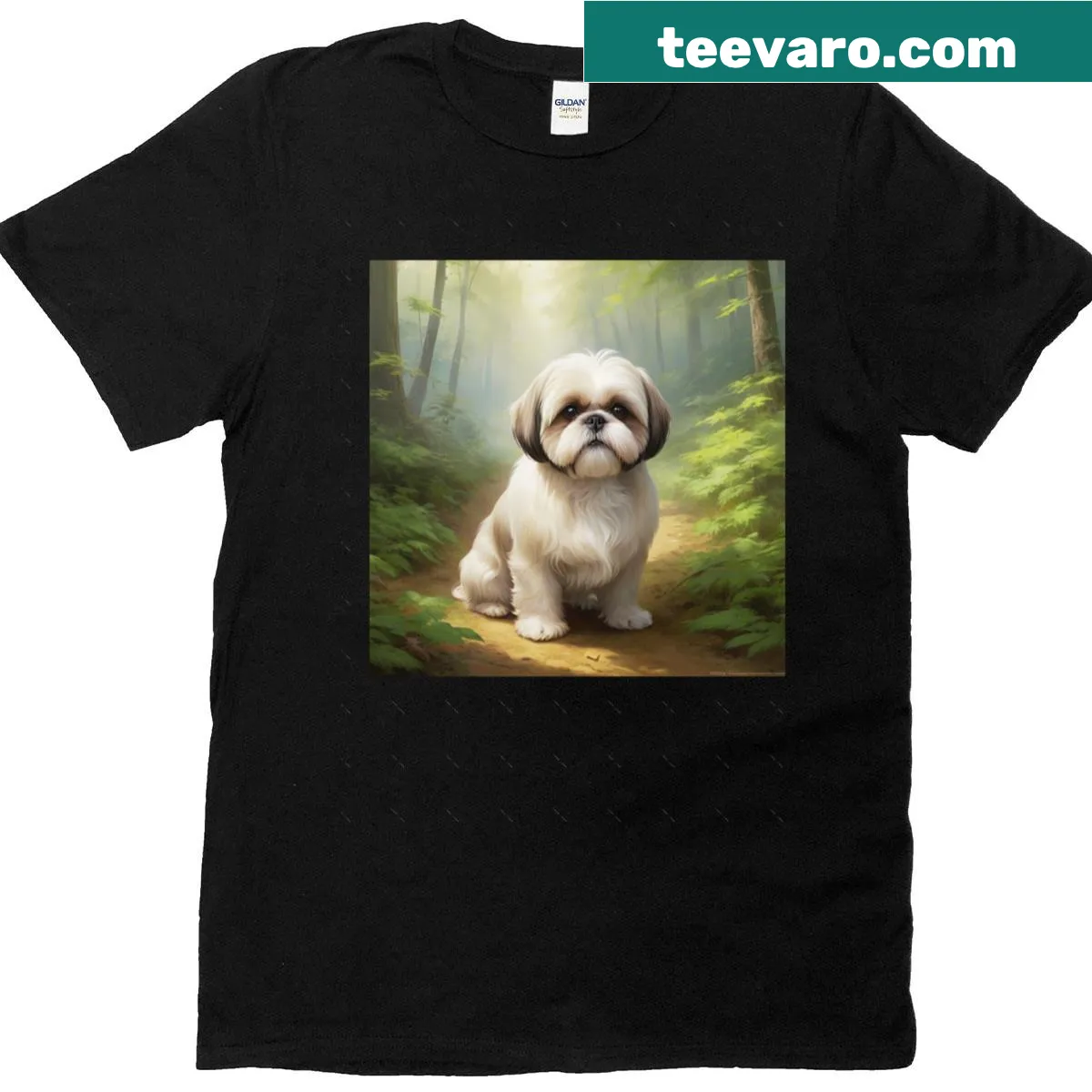 Oversized T-shirt featuring a Shih Tzu on a forest trail — on a men's t-shirt
