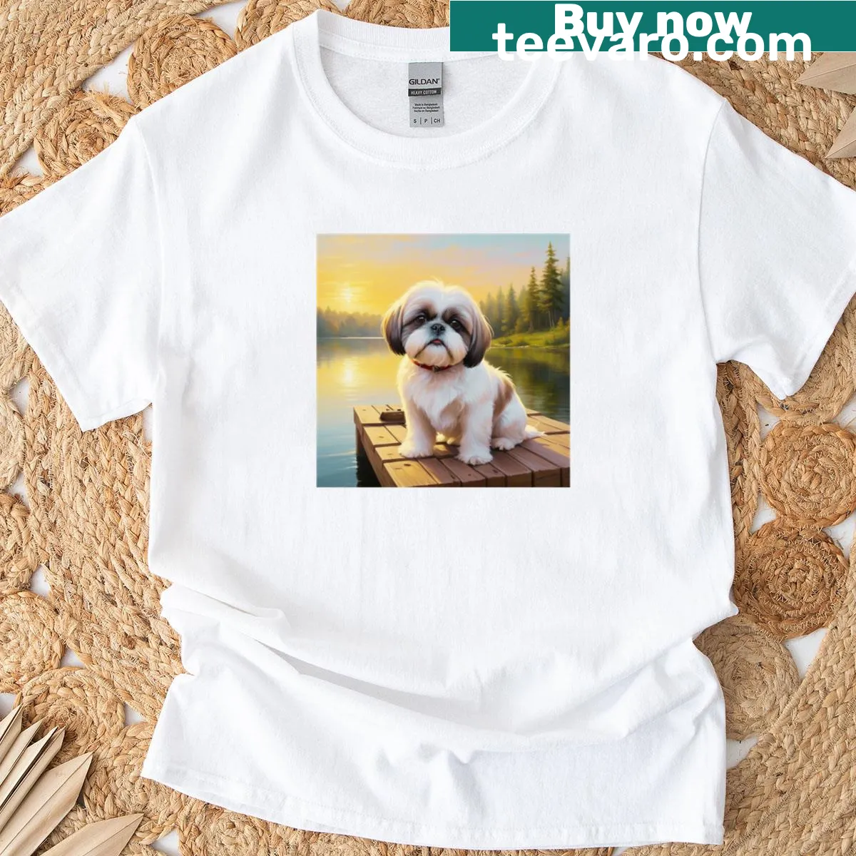 Illustration of a Shih Tzu on a wooden dock by a lake — on a men's t-shirt