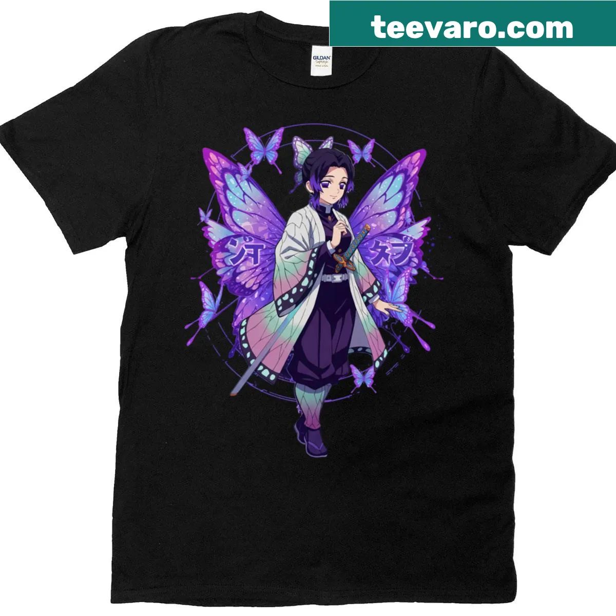 T-shirt featuring Shinobu Kocho with a butterfly design — on a men's t-shirt