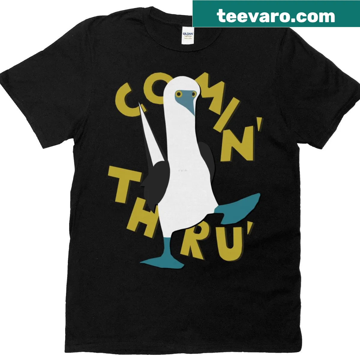Cartoon T-shirt featuring a silly blue-footed booby bird — on a men's t-shirt
