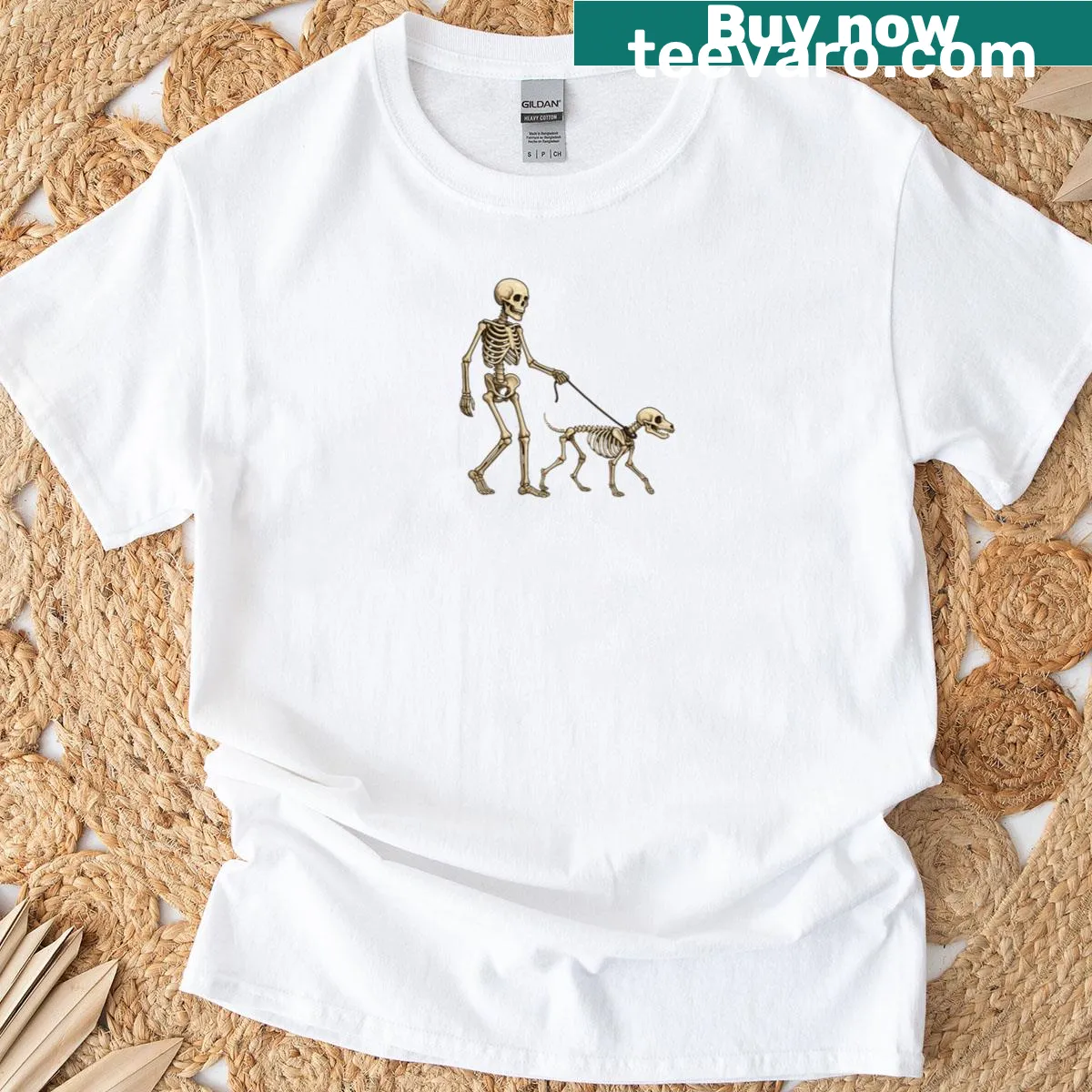 Whimsical skeleton walking a dog on a fun t-shirt — on a men's t-shirt