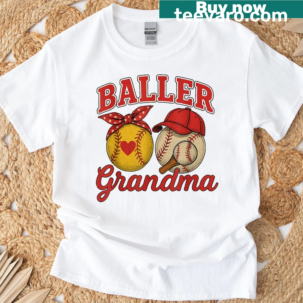 T-shirt with illustrations of a softball and baseball for grandmas — on a men's t-shirt