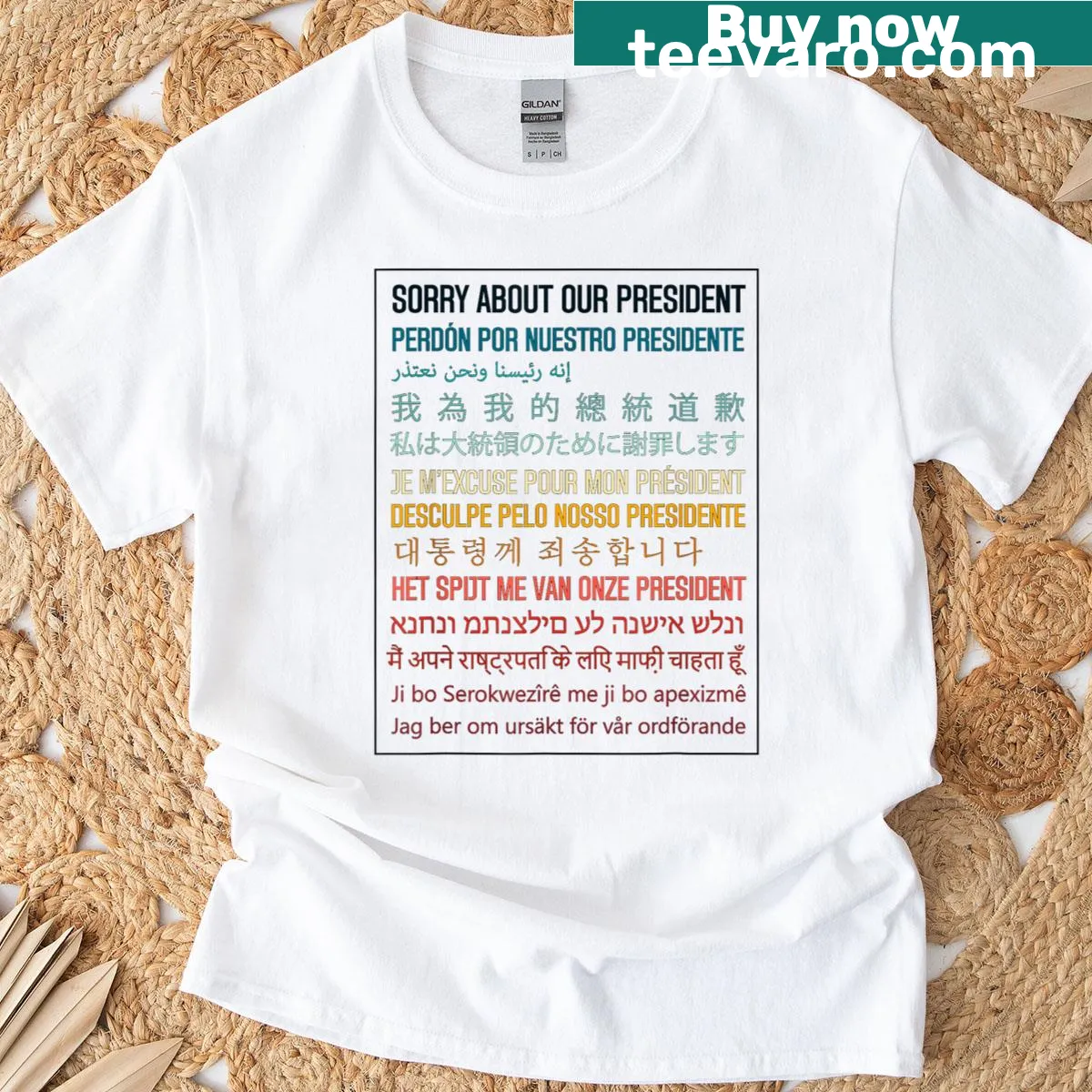 Vintage distressed t-shirt with multilingual text about the president — on a men's t-shirt