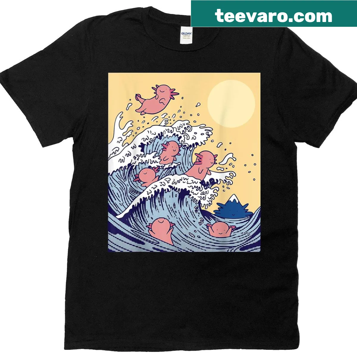 Surfing axolotl graphic on a t-shirt — on a men's t-shirt