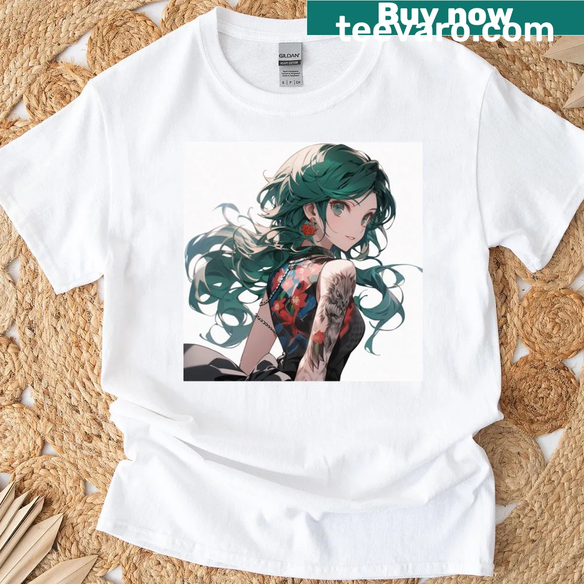 Illustration of a tattooed figure representing beauty and self-expression — on a men's t-shirt