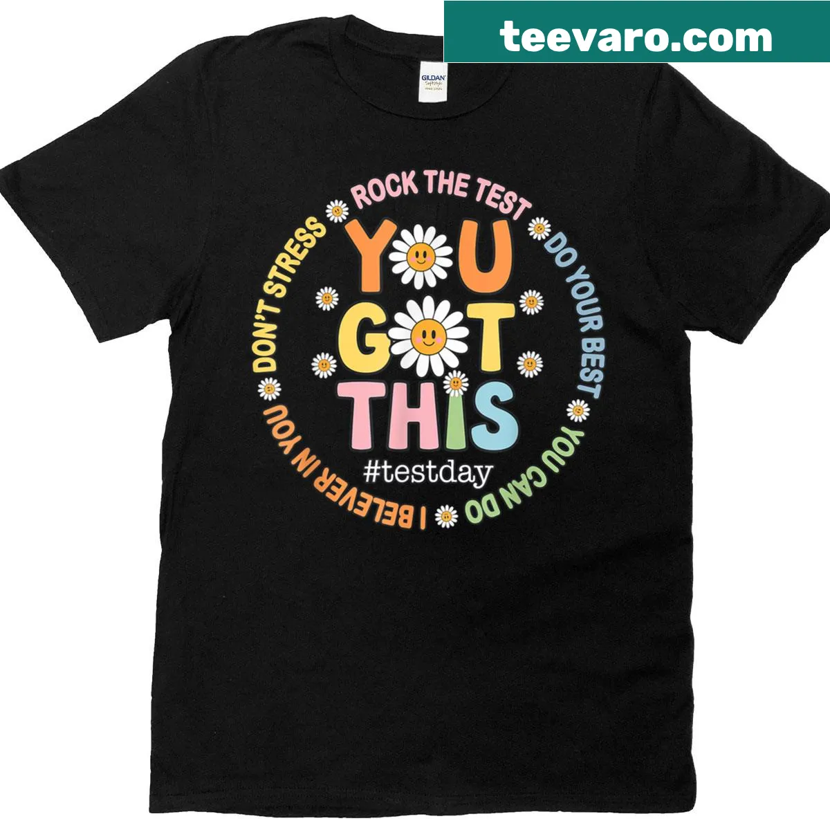 Motivational t-shirt for teachers with the phrase Rock The Test — on a men's t-shirt