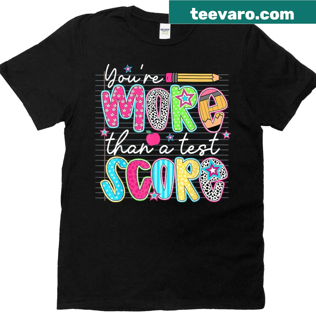 Empowering teacher t-shirt with the phrase about test scores — on a men's t-shirt