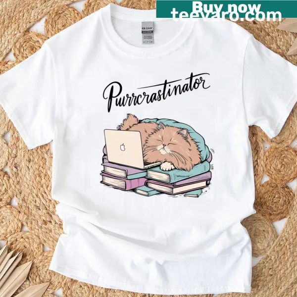 Funny cat procrastination shirt with a lounging cat graphic