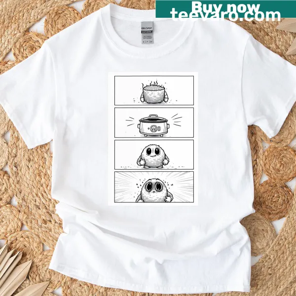 Humorous t-shirt featuring an awakening rice graphic