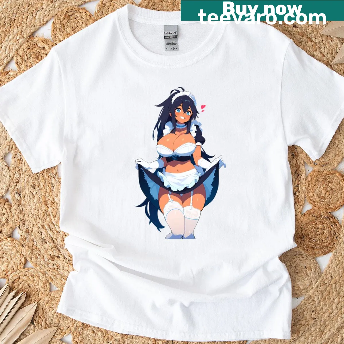 Anime girl graphic t-shirt with flirty outfit — on a men's t-shirt