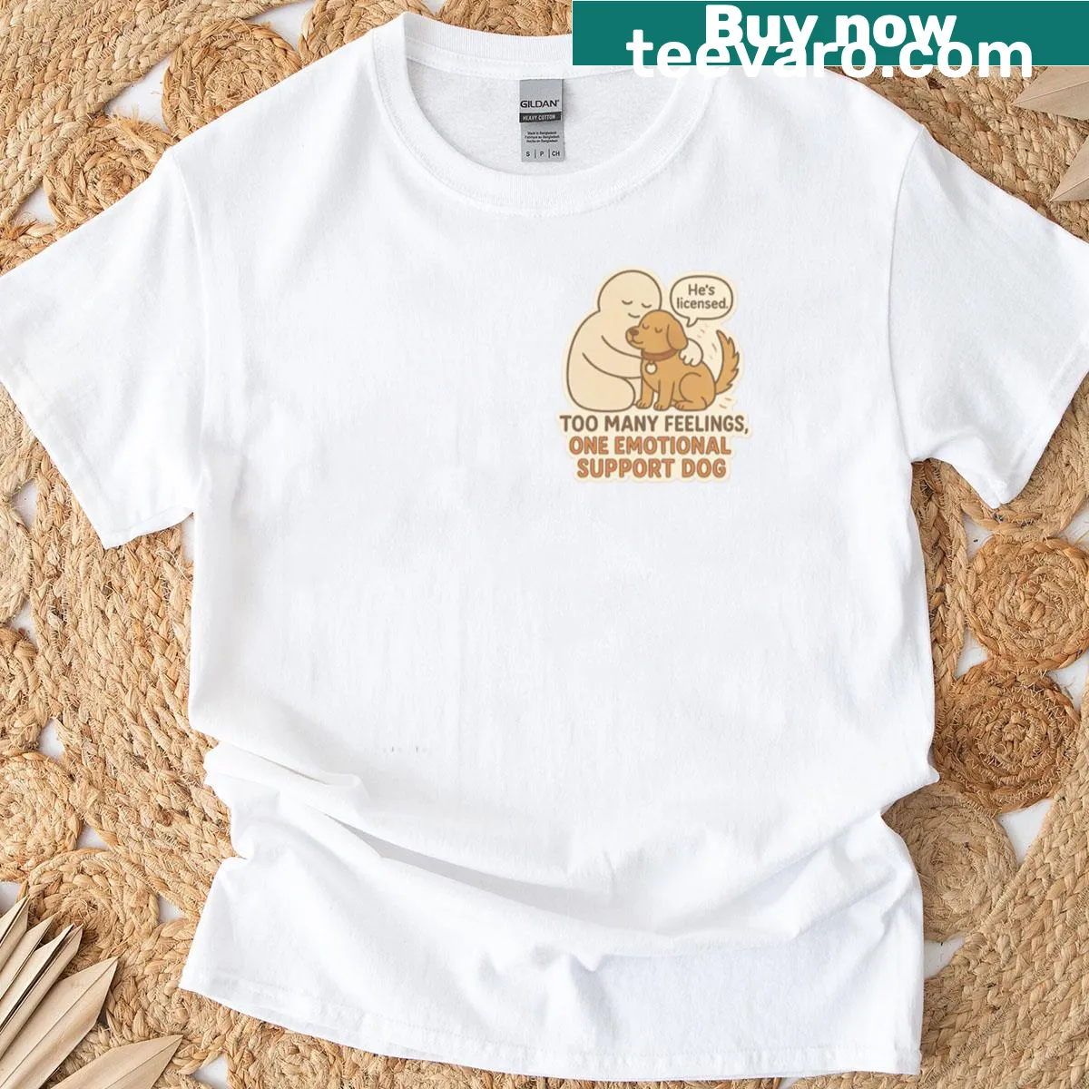 T-shirt featuring a dog graphic and emotional support phrase — on a men's t-shirt