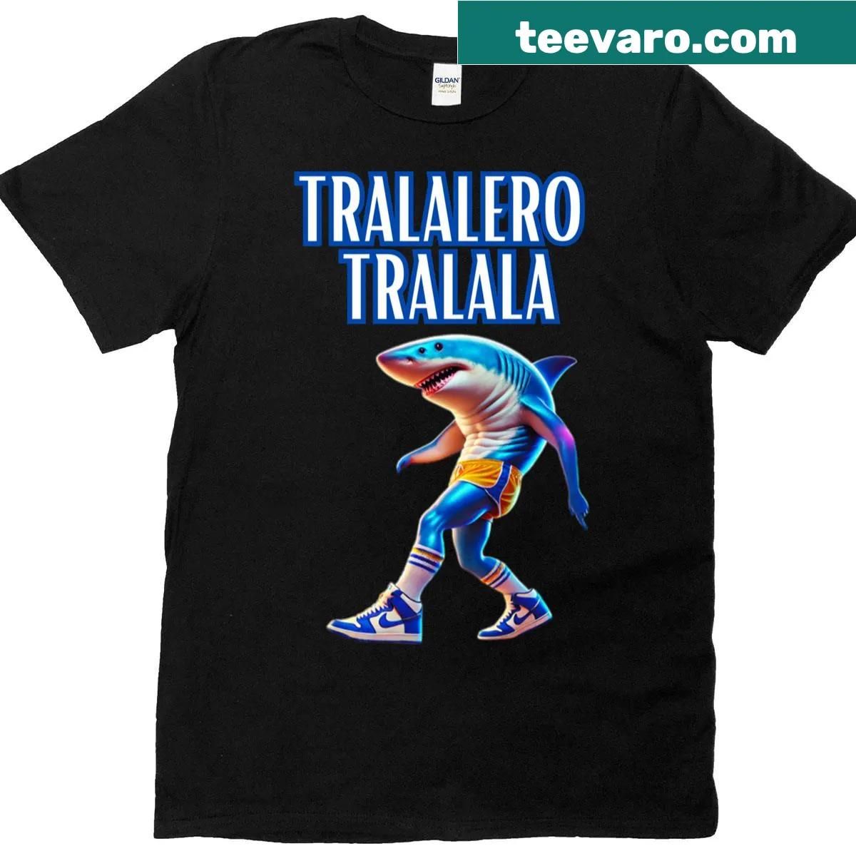 Funny T-shirt featuring a buff cartoon shark with humorous text — on a men's t-shirt