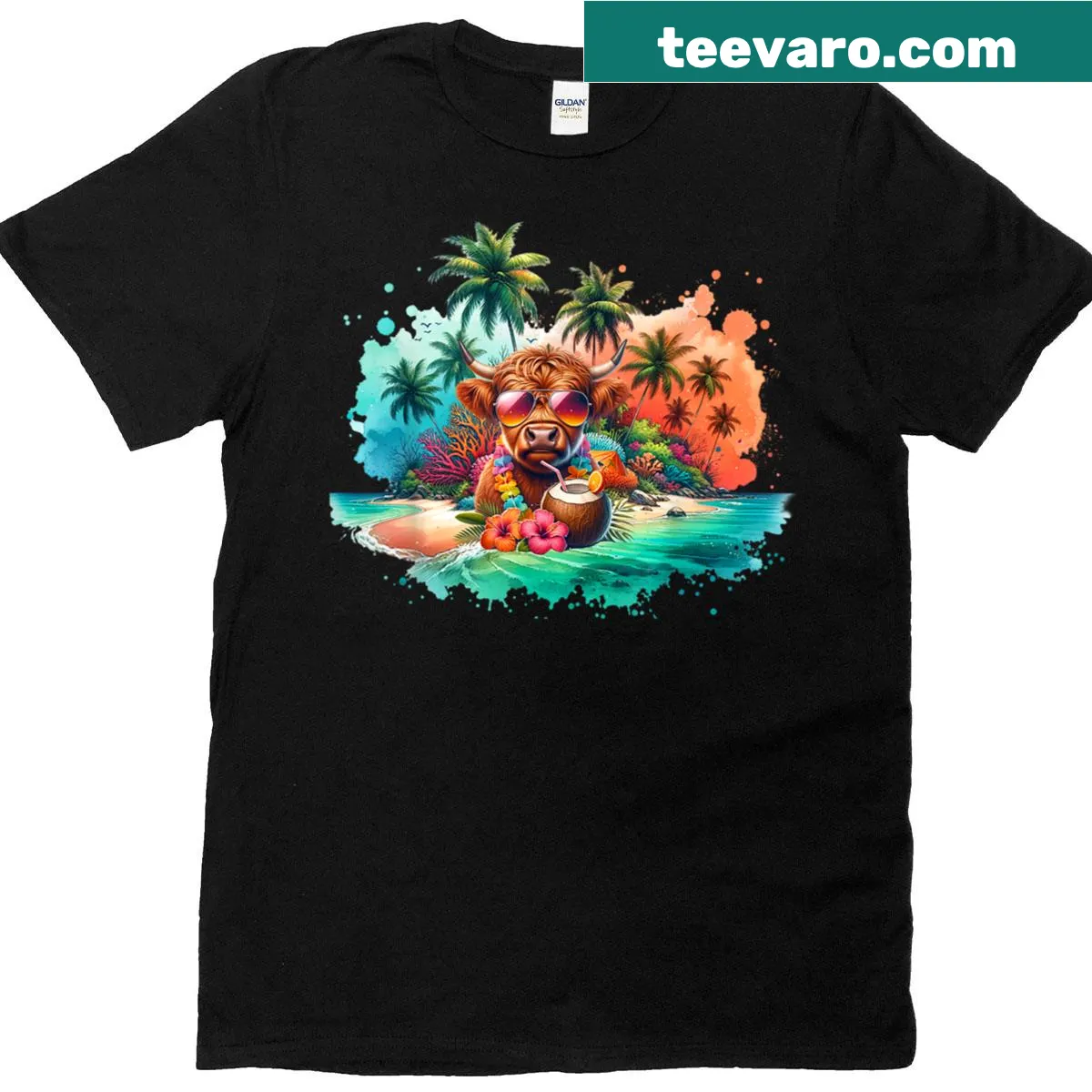 Funny highland cow beach t-shirt — on a men's t-shirt