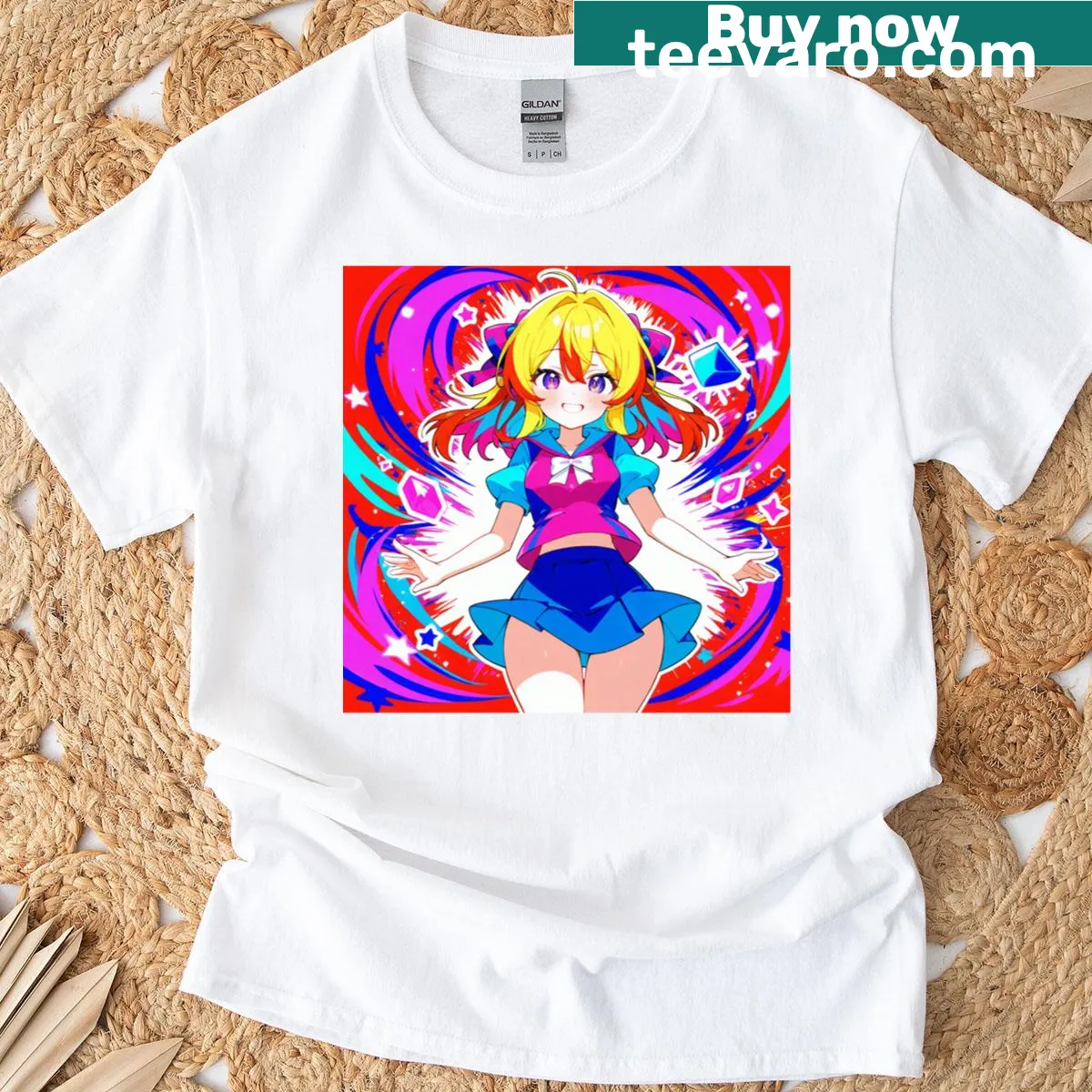 Illustrated T-shirt featuring a cute blonde anime girl — on a men's t-shirt