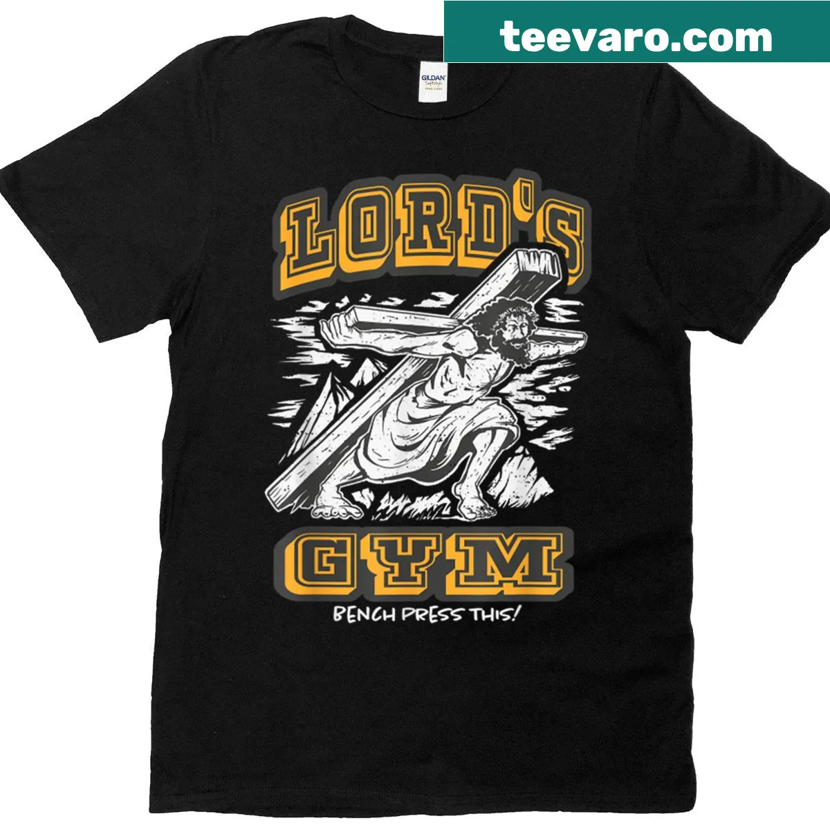Inspirational Jesus gym motivational t-shirt — on a men's t-shirt