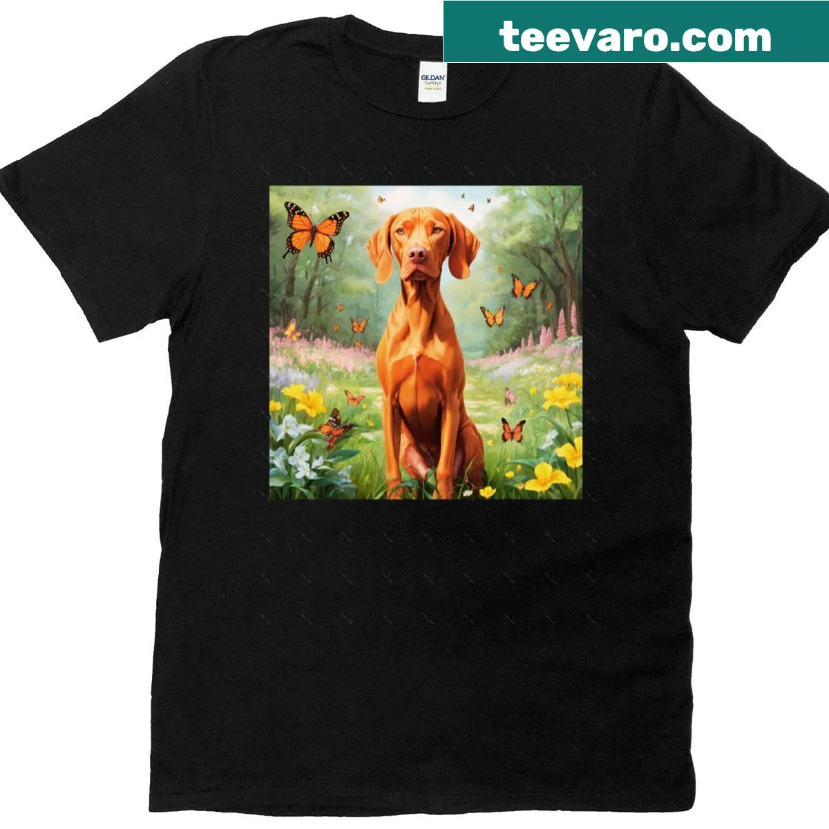 Oversized t-shirt with a Vizsla dog in a spring garden — on a men's t-shirt