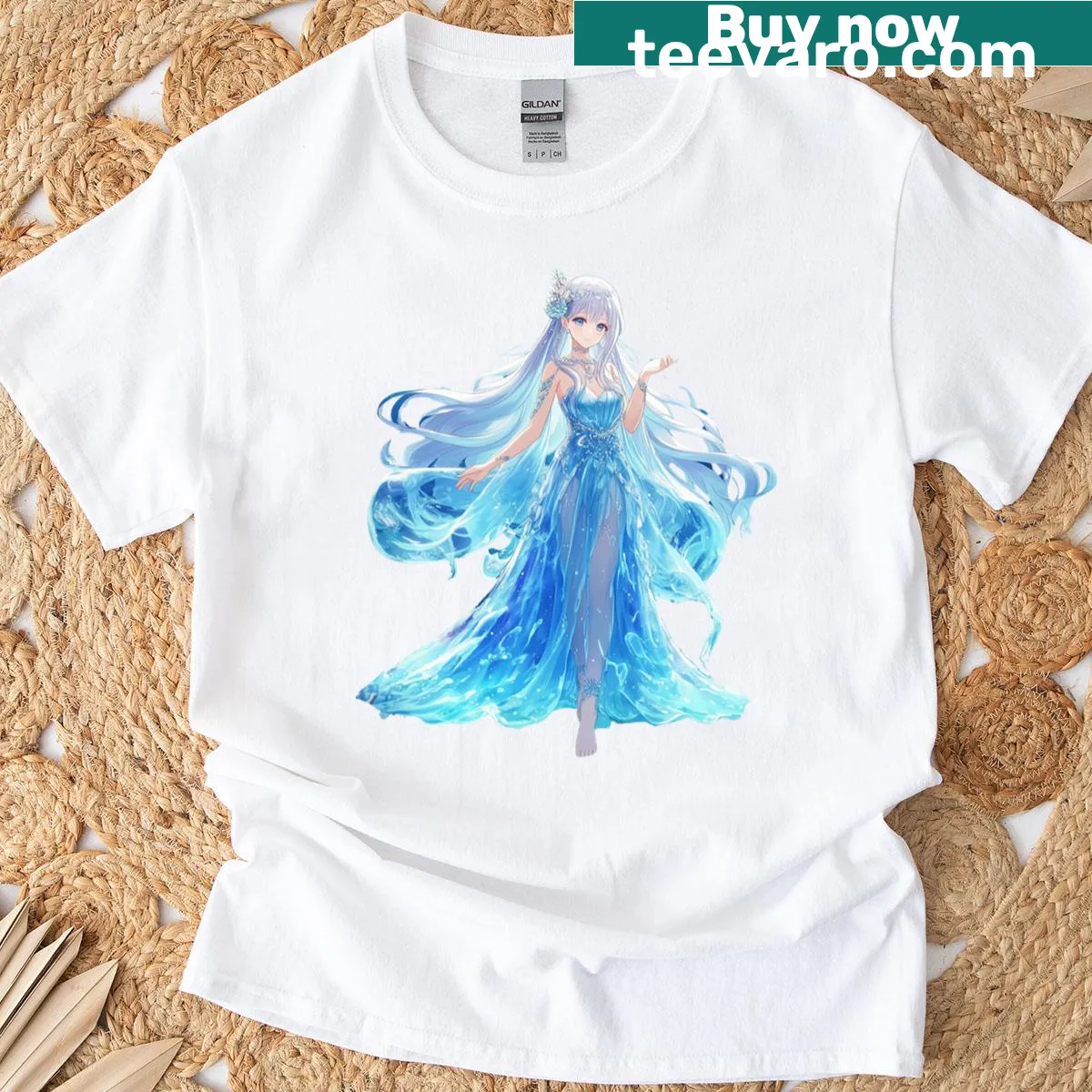 Anime-style T-shirt featuring a water goddess illustration — on a men's t-shirt