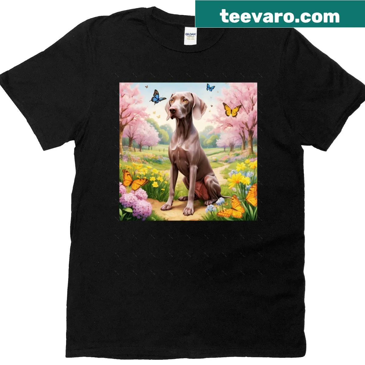 Oversized T-shirt featuring a Weimaraner in a spring garden with butterflies — on a men's t-shirt