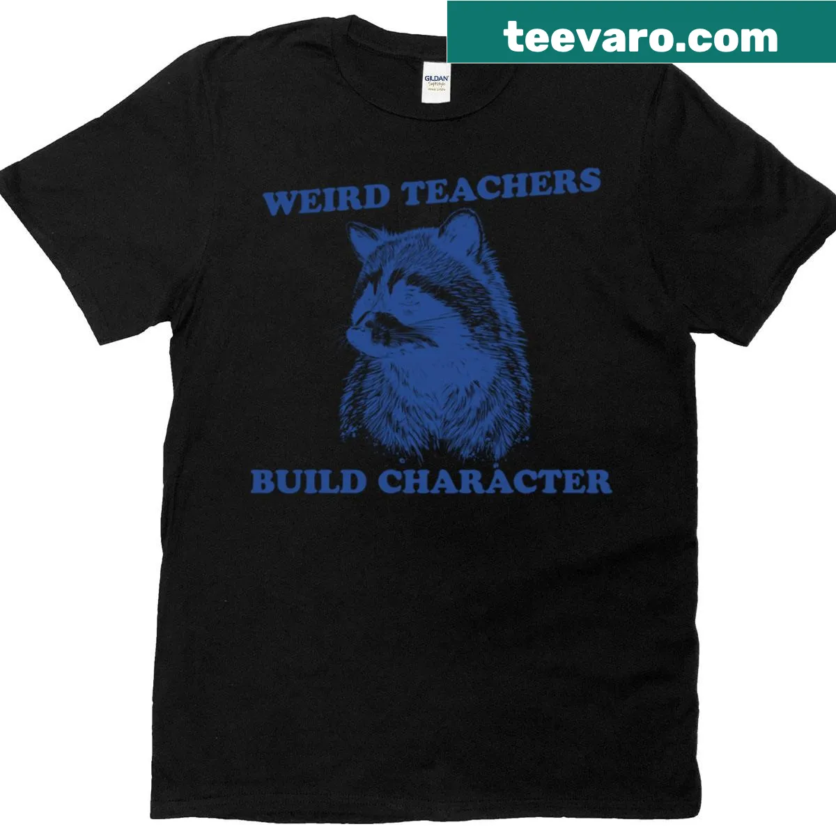 Funny teacher tee with a raccoon and 'Weird Teachers Build Character' text. — on a men's t-shirt