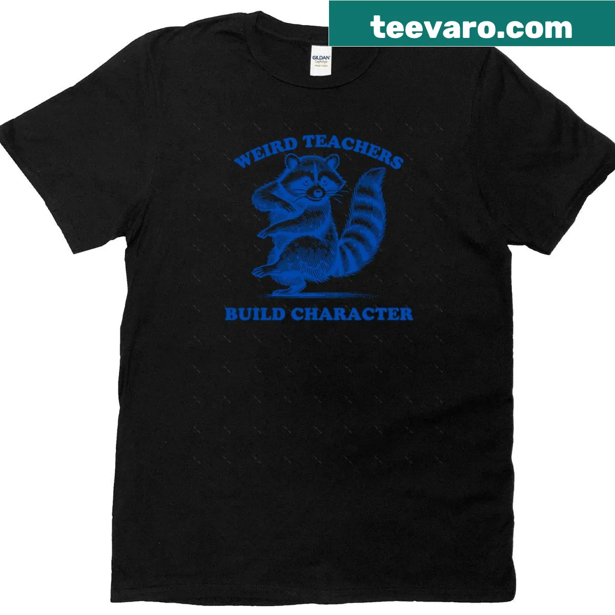 Oversized tee with a raccoon and 'Weird Teachers Build Character' phrase. — on a men's t-shirt