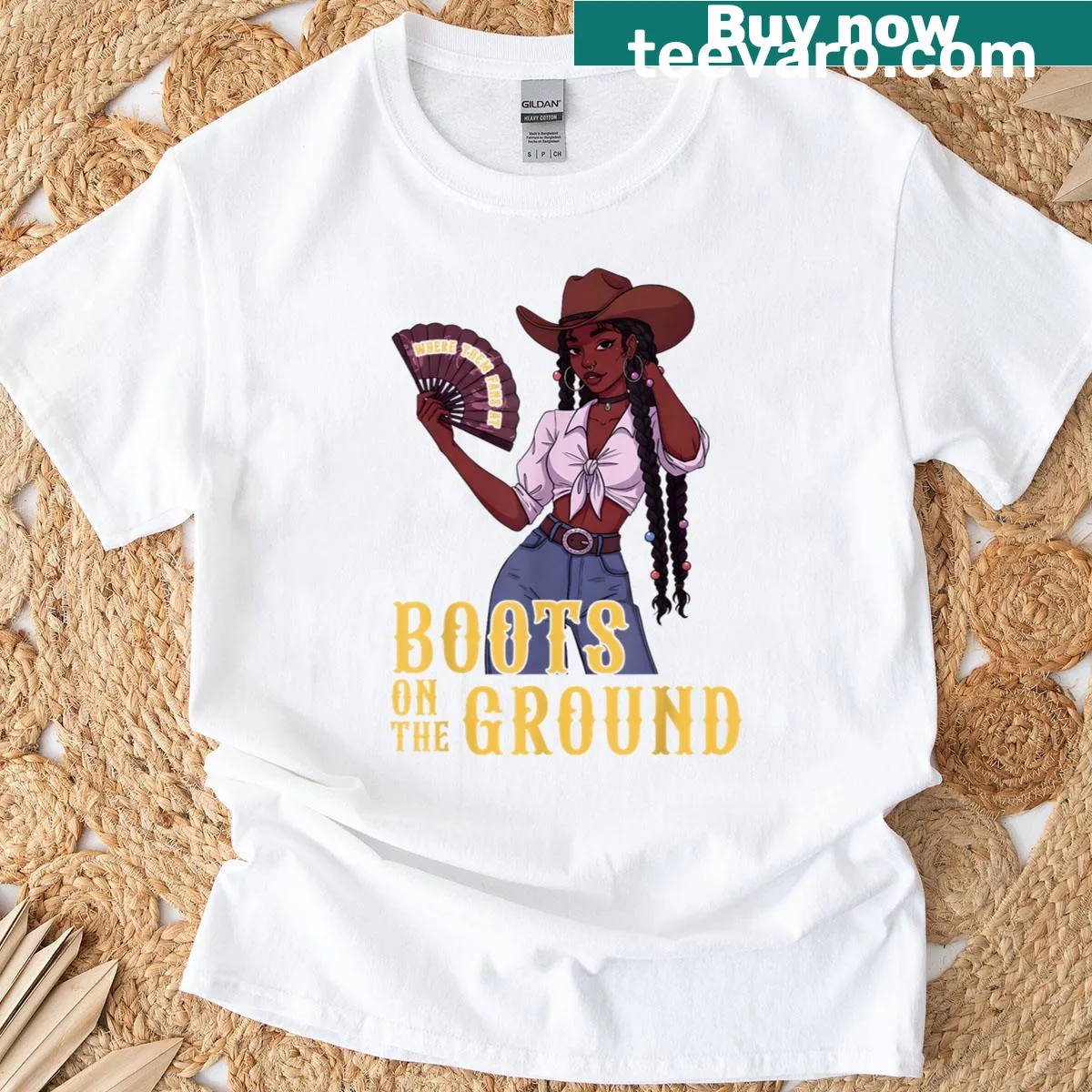 Black cowgirl graphic on a Western-themed t-shirt — on a men's t-shirt
